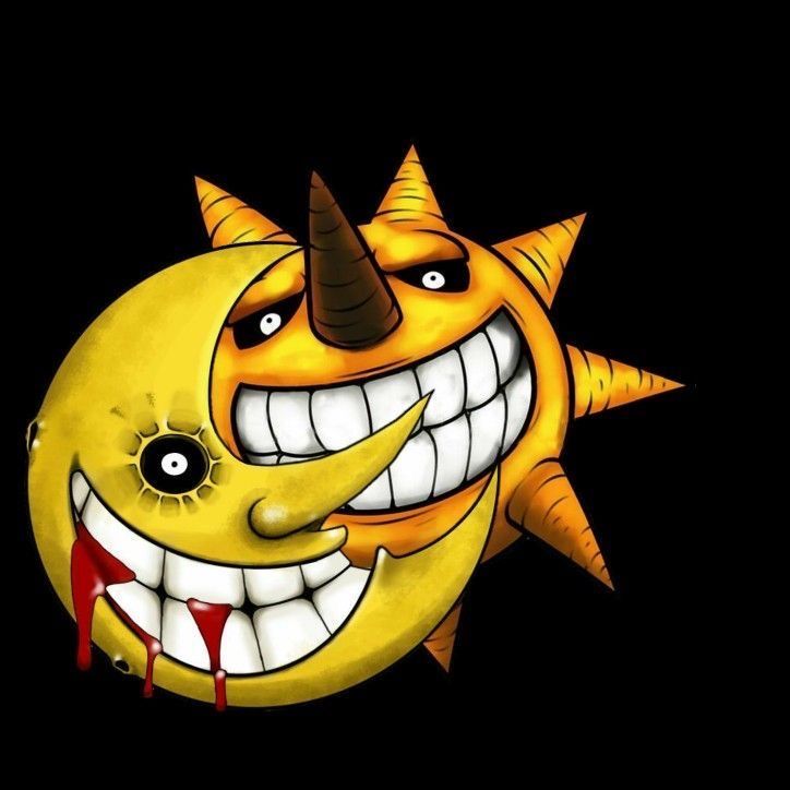 a yellow face with horns and fangs on it's head is smiling at the camera