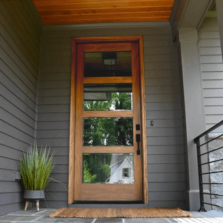 the front door of a house with a potted plant on the step and glass window