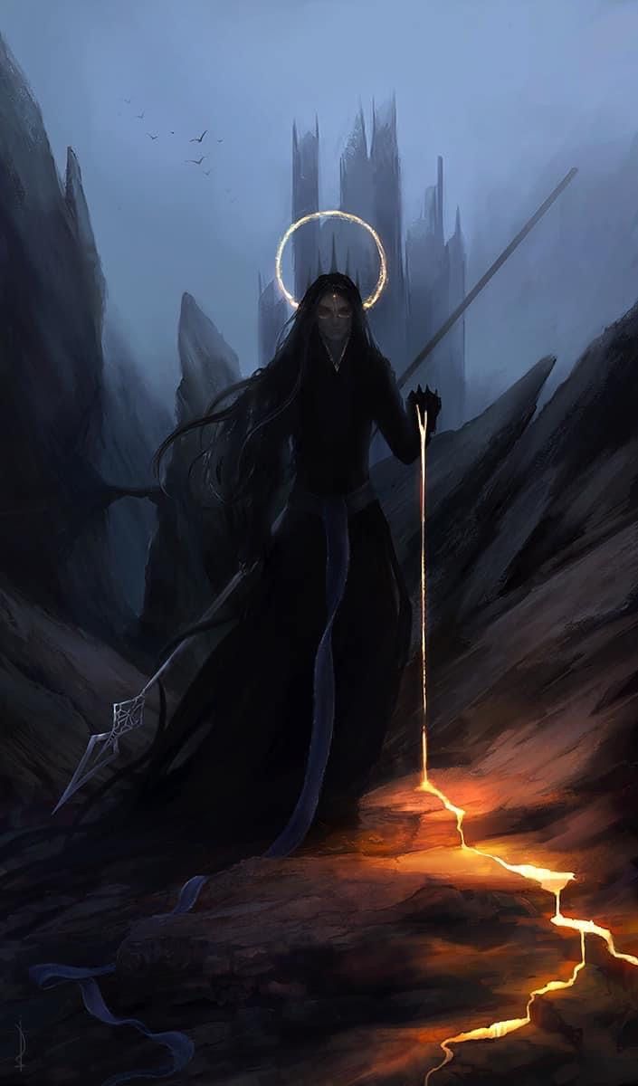 a painting of a woman with long hair holding a staff and standing on a path