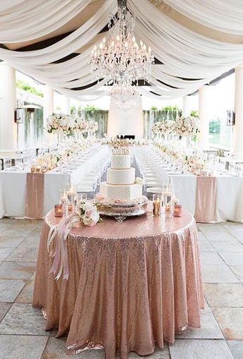 a wedding cake is sitting on top of a table in the middle of a banquet hall