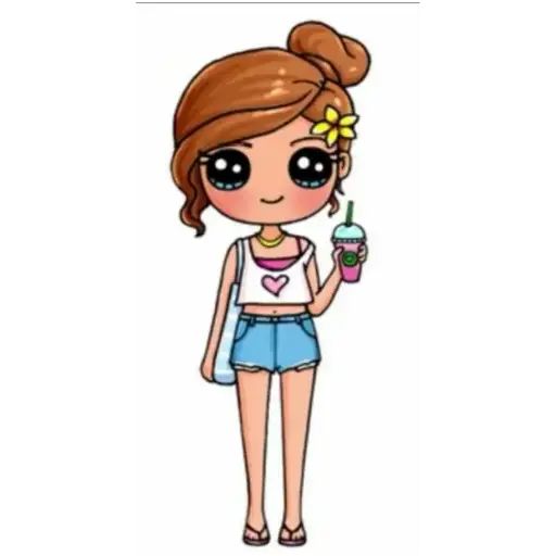 a cartoon girl holding a drink and looking at the camera