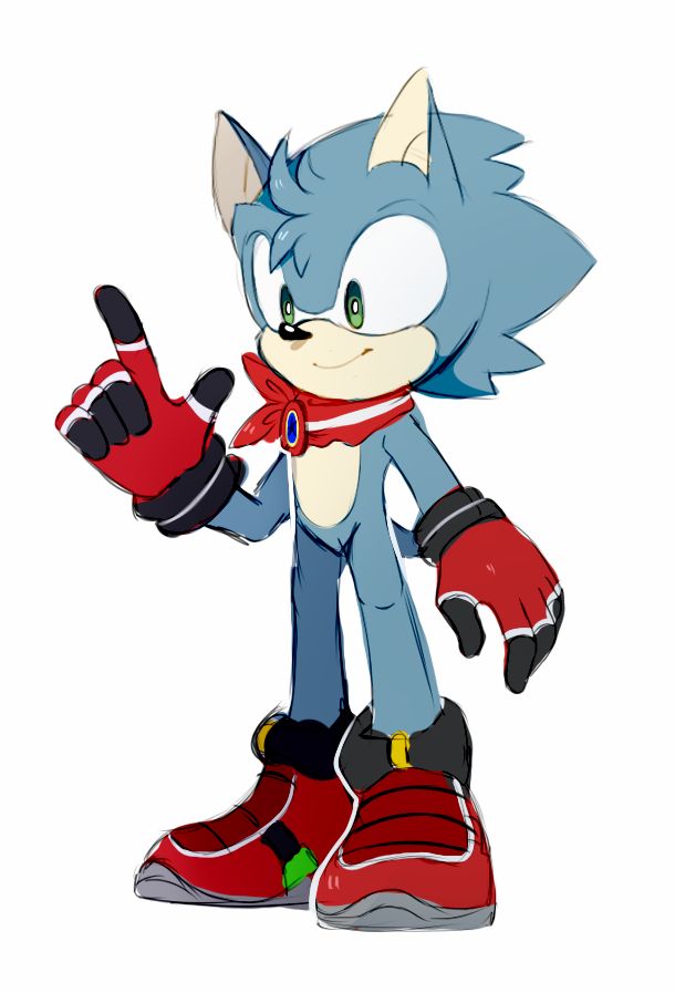 an image of a cartoon character in red and blue shoes with his hand up to the side