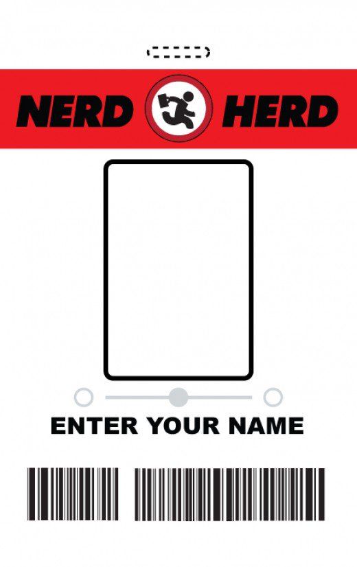 a white badge with the name nerd herd on it's front and back side