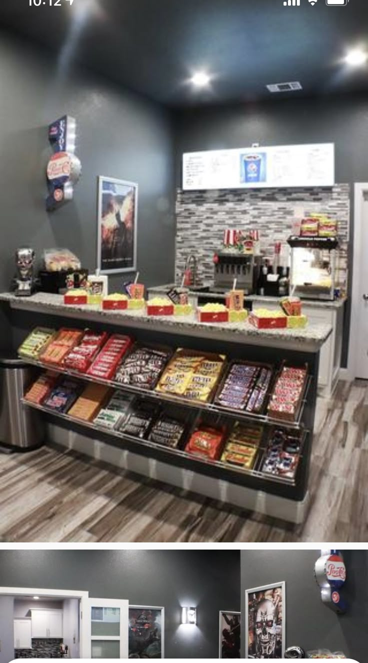 the inside of a fast food restaurant with many different items on display and in front of it