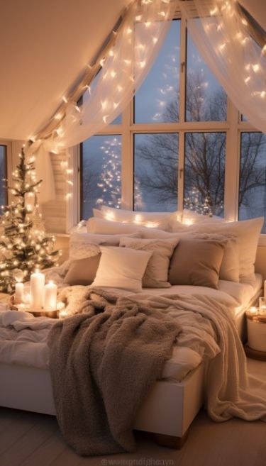 a bedroom decorated for christmas with candles and lights on the windows sill above the bed