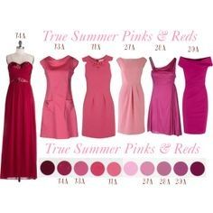 three different dresses and two shades of pink, red, and purple with the words true summer pinks & reds