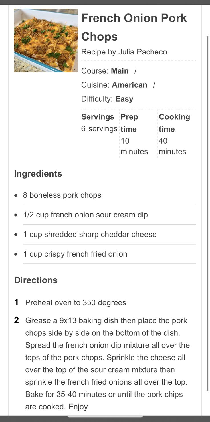 the recipe for french onion pork casserole is shown in an email form, with instructions