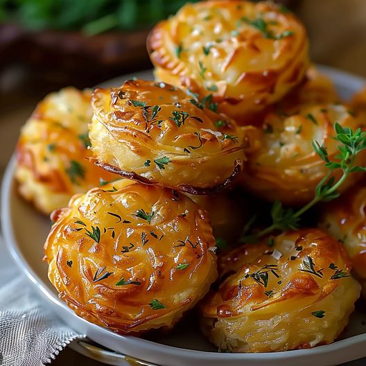 a white plate topped with mini potatoes covered in cheese and herbs on top of a wooden table