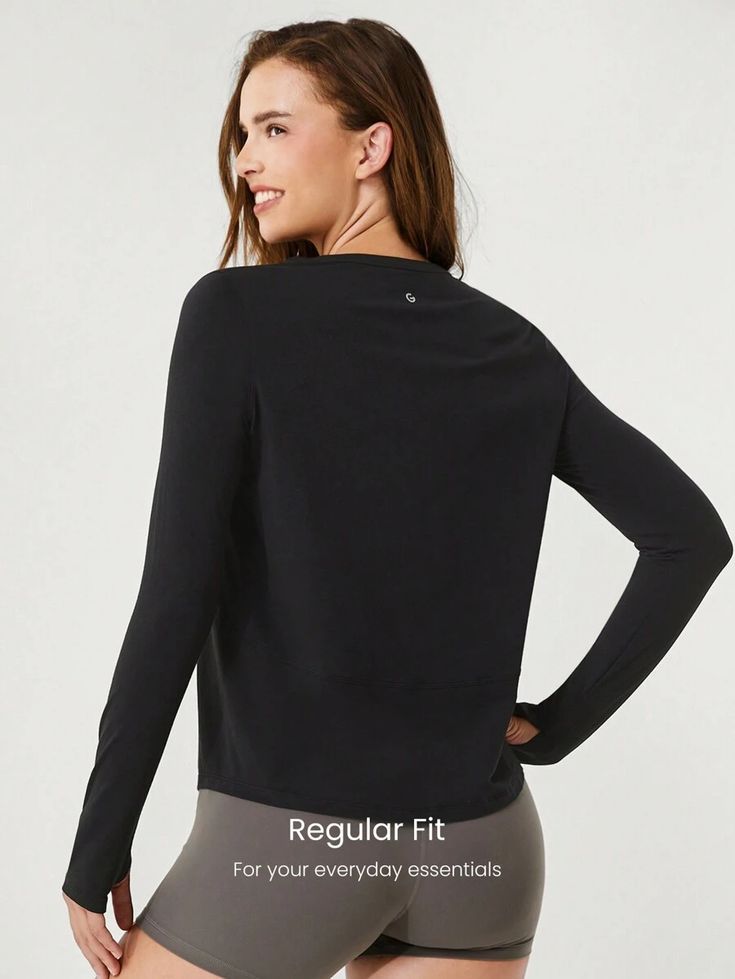 Neckline:V neck \nSleeve Type:Regular Sleeve \nColor:Black \nPattern Type:Plain \nSleeve Length:Long Sleeve \nLength:Regular \nFit Type:Loose \nFabric:High Stretch \nMaterial:Knitted Fabric \nComposition:89% Cotton \nComposition:11% Elastane \nCare Instructions:Machine wash or professional dry clean \nSheer:No \n Women Sports, Sports Tees, Pima Cotton, Workout Tee, Sports Women, Everyday Essentials Products, Casual Women, Knitted Fabric, Dry Clean