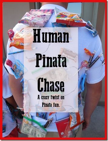 the back of a man's shirt that has candy on it and words reading human pinata chase