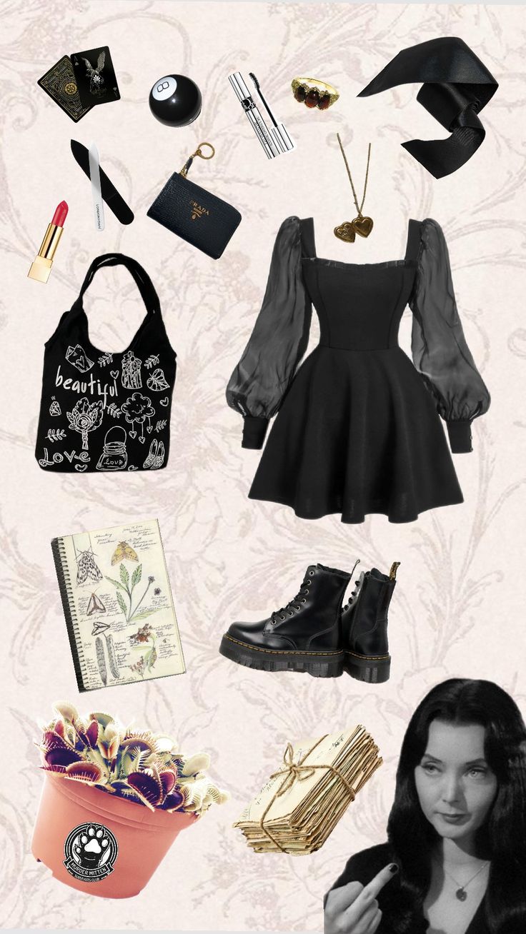 a collage of black and white items including shoes, handbags, purses