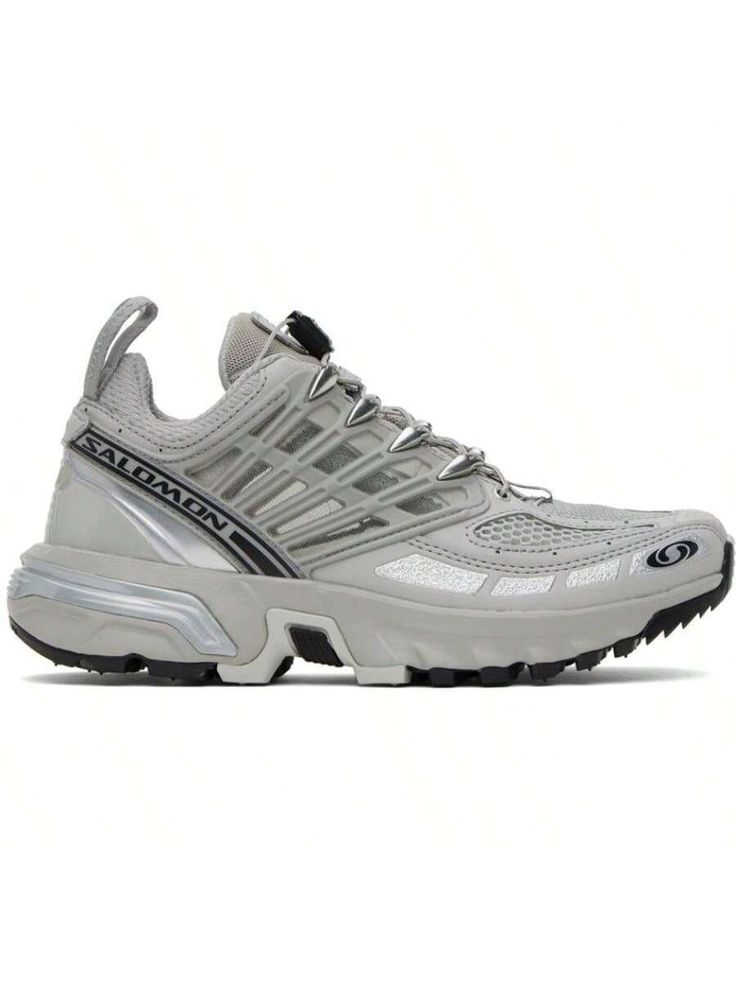 Salomon 
Gray ACS Pro Sneakers 
Low-top mesh and textured faux-leather sneakers in gray and silver tone. 
. Rubberized trim throughout 
. Quicklace™ closure 
. Logo patch at padded tongue 
. Padded collar 
. Pull-loops at heel collar 
. OrthoLite® insole 
. Mesh lining 
. Agile Chassis™ System at foam rubber midsole 
. Treaded Contagrip® rubber sole 
Supplier color: Metal/Ghost gray/Silver metallic x 
Upper: textile, synthetic. Sole: rubber. 
Made in Viet Nam. 
241837F128020 
Gray ACS Pro Sneake Functional Silver Lace-up Running Shoes, Silver Lace-up Running Shoes For Light Sports, Sporty Gray Lace-up Running Shoes, Gray Elastic Lace-up Running Shoes, Gray Lace-up Sneakers With Reflective Details, Functional Lace-up Running Shoes With Reflective Details, Gray Running Shoes With Abzorb Midsole, Low-top Trail Running Shoes With Boost Midsole For Streetwear, Dynamic Lace-up Running Shoes With Reflective Details