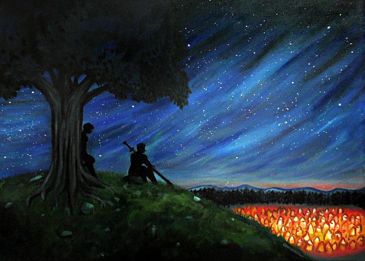 two people sitting under a tree looking at the stars in the night sky above them