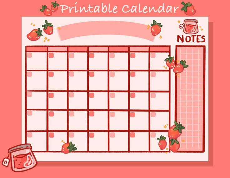 a pink calendar with strawberries on it and a jar of jam in the middle