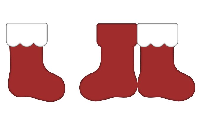 three red christmas stockings with white trim on them