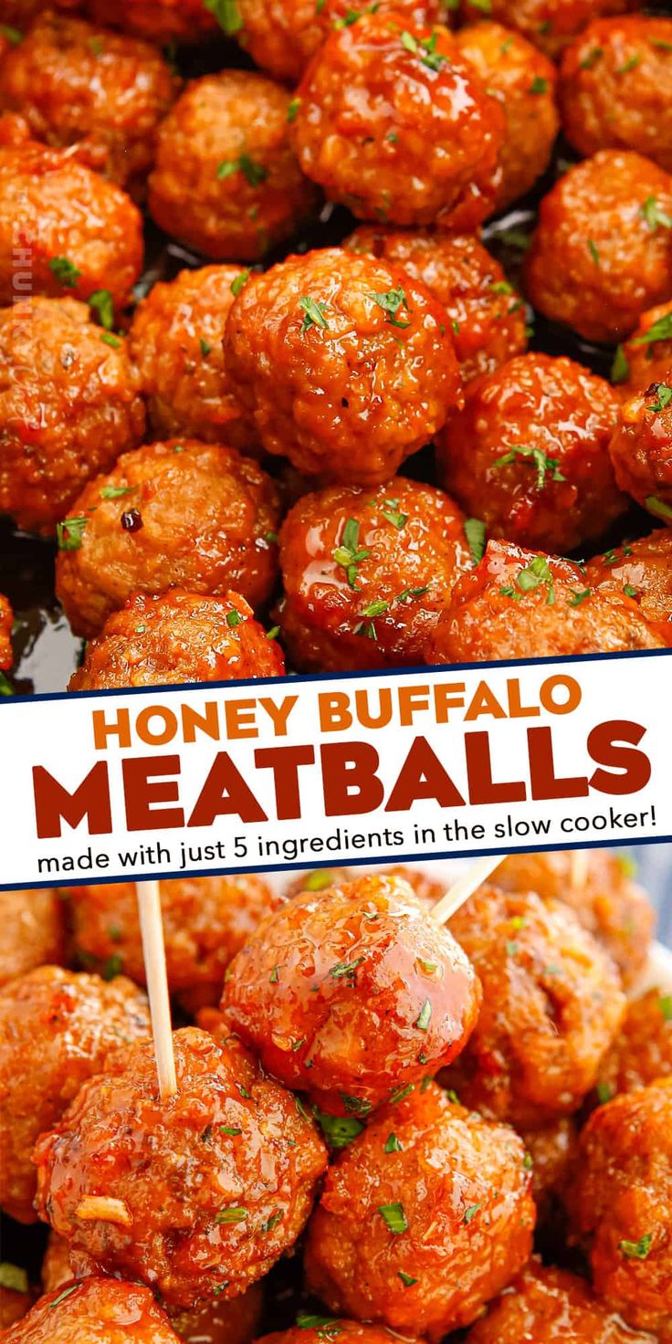 honey buffalo meatballs with toothpicks in the slow cooker are ready to be eaten