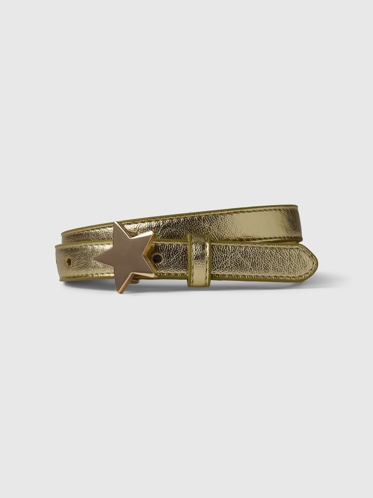 This belt is made with a vegan leather metallic upper.  Star buckle.  For more fit and sizing info, check out our Size Guide.  Width: 0. 71" Length Size S): 29" Funky Belts, Fun Belts, Fourth Of July Accessories, Belts Aesthetic, Virtual Wishlist, Star Belt, Mario Costume, Golden Belt, Coachella Outfits