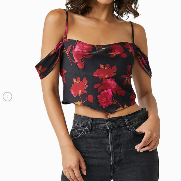 New With Tags, Free People Black And Red Floral Satin Cassandra Off Shoulder Tank Blouse. Flirty, Feminine, And Sexy. (N) Back Off, Trending Today, Free People Black, Red Floral, Free People Tops, Cold Shoulder, Off Shoulder, Free People, Black And Red