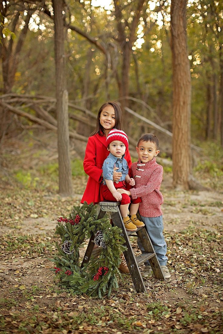 two young children standing on a ladder in the woods with wreaths and pine cones