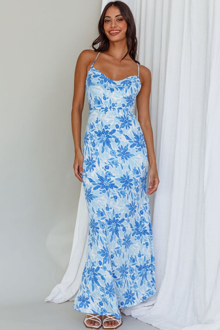 Shop the Janaina Tie-Up Back Maxi Dress Floral Blue | Selfie Leslie Blue Selfie, Blue Floral Maxi Dress, Maxi Dress Floral, Selfie Leslie, Yellow Bridesmaids, Happy Hours, Blue Bridesmaids, White Heels, Iron Material