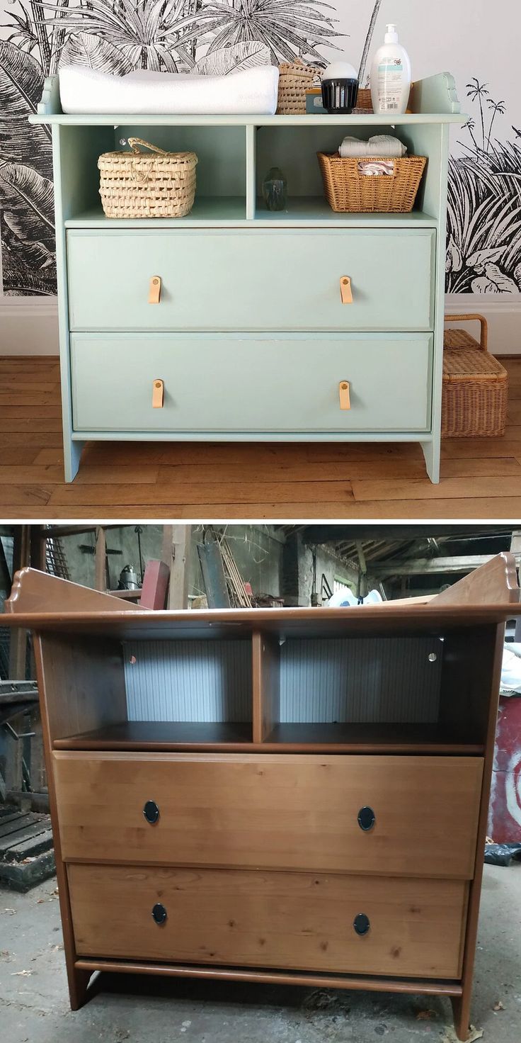 an old dresser has been transformed into a changing table