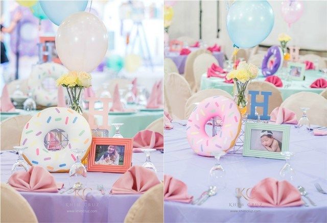 there are balloons and pictures on the tables