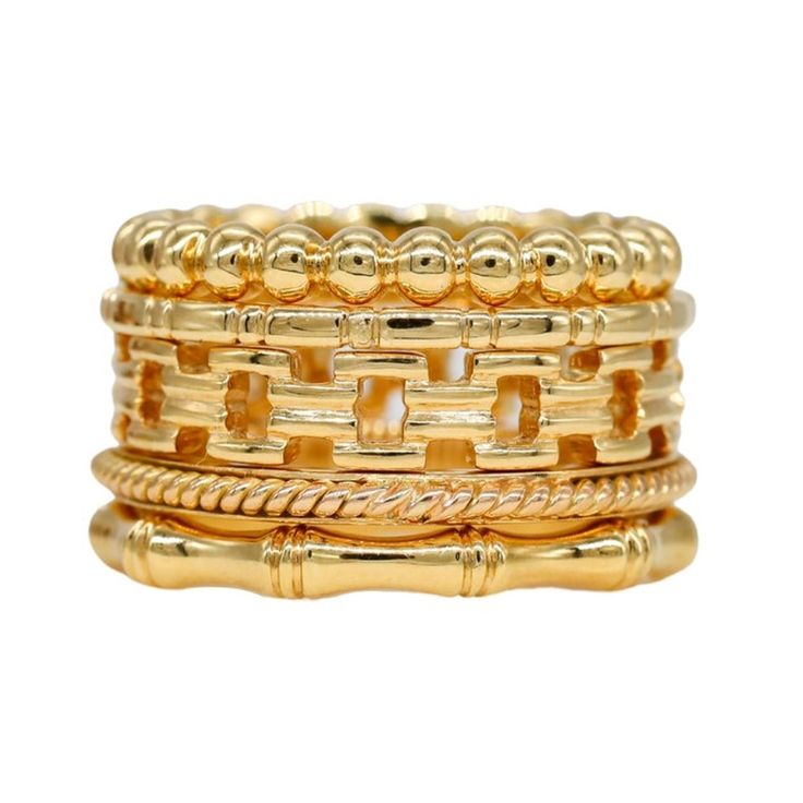 Meet The Golden Goddess. Shaped after the goddess Theia, this curated ring stack is a vision of considerable beauty and radiance embodied in the precious metal of gold. Theia gives foresight and vision to guide us on our journey. This Sethi Stack includes the following styles: Bead Band as a resemblance of small mala beads used in spiritual and mindfulness practice, serving as a precious reminder for mental grounding and inner peace. Agnes Small Band is a series of dots and dashes, a message to Fusion Style Stackable Round Rings, Elegant Stackable Rings For Everyday Luxury, Stackable 14k Gold Rings For Everyday Luxury, Everyday Luxury 14k Gold Stackable Rings, Luxury Stackable Yellow Gold Rings, Fusion Style Stackable Ring Jewelry, Gold Stackable Dome Ring, Gold Stackable Dome Ring Luxury Style, Stackable Gold Dome Ring Luxury Style