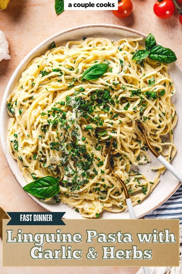 linguine pasta with garlic and herbs in a white bowl