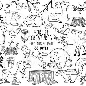 the forest creatures clipart set includes animals, trees and other things in black and white