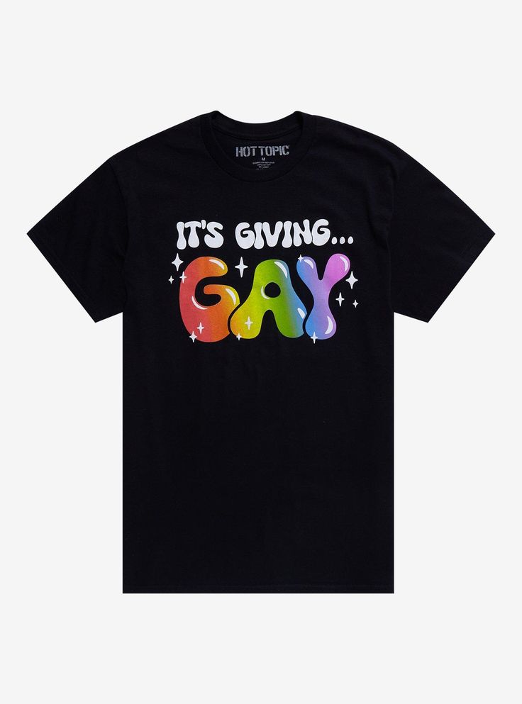 It's giving... gay! This tee is perfect for pride season thanks to its bubble-letter text reading "It's giving... gay " with "gay" in rainbow colors surrounded by stars.100% cottonWash cold; dry lowImportedListed in unisex sizes Rainbow Graphic Tee For Pride, Pride Letter Print Streetwear T-shirt, Rainbow Letter Print Pride T-shirt, Rainbow Letter Print T-shirt For Pride, Pride Graphic Tee With Letter Print, Rainbow Graphic Print T-shirt For Pride, Pride Graphic Tee With Slogan, Scenecore Shirt, Queer Vibes