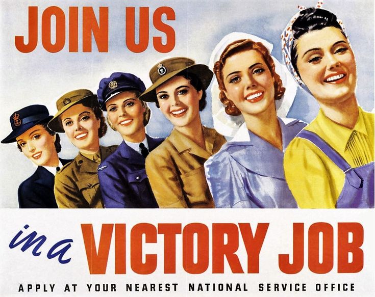 an old poster shows women in uniforms from around the world, with caption'join a victory journey '