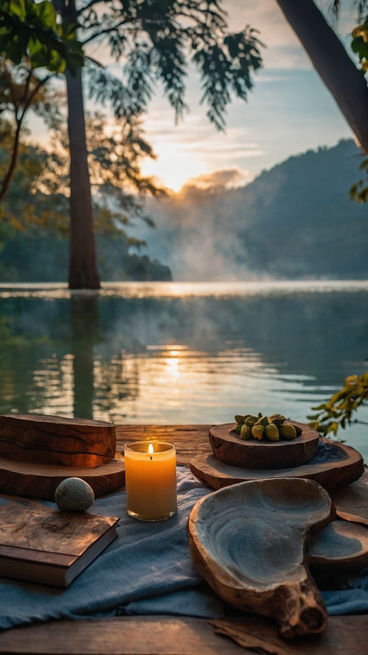 a candle sits on a table next to a bowl of olives and other items