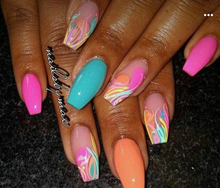 Tabitha Brown Nails, Spring Nails 2023 Coffin, Fun Bright Nail Designs, Summer Nails Black Women, Design Nails Acrylic, Diva Nails, Colorful Nail, Nails And Toes, Dope Nail Designs