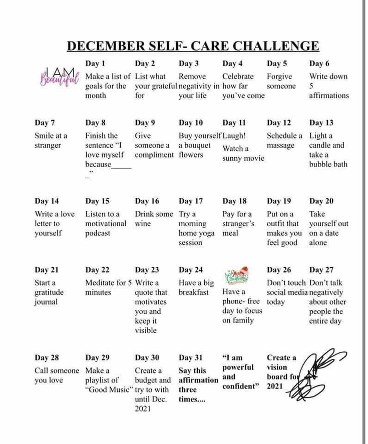 the december self care challenge is shown in black and white with pink writing on it