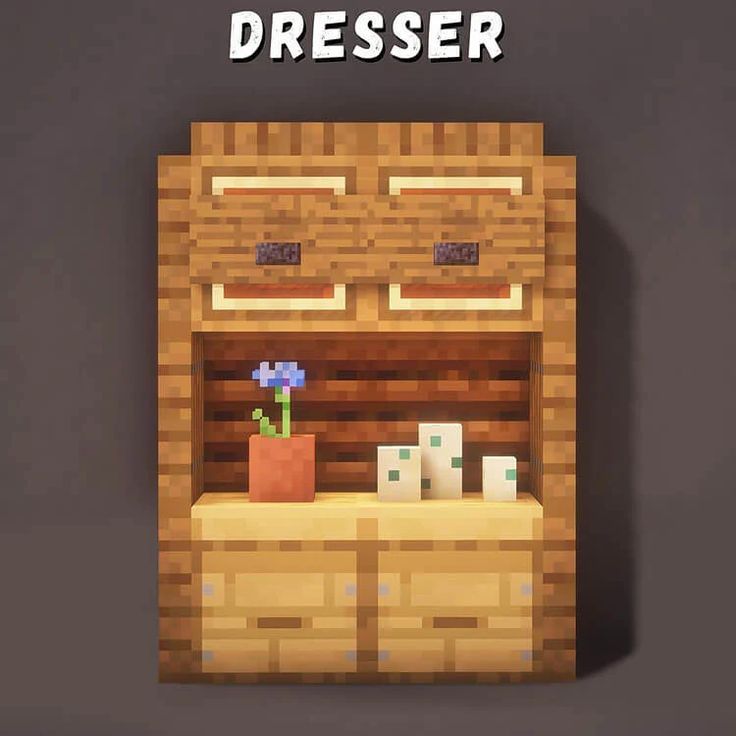 an image of a wooden dresser with flowers and boxes on it in minecraft style