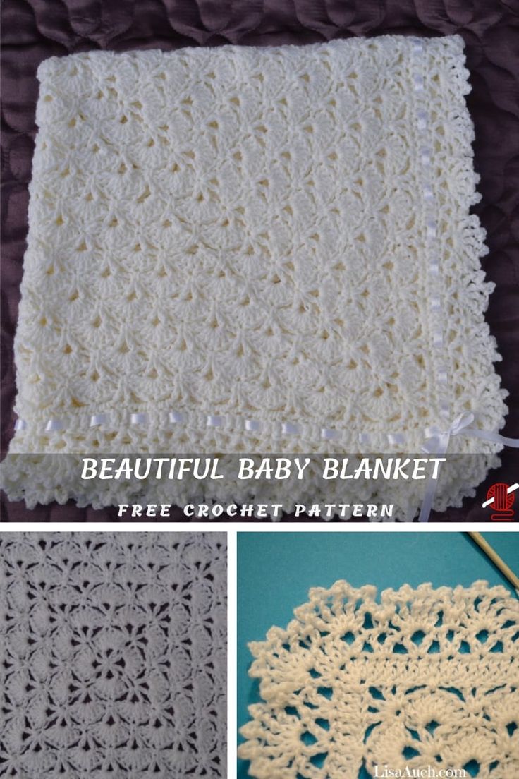 the crochet baby blanket is shown in three different pictures