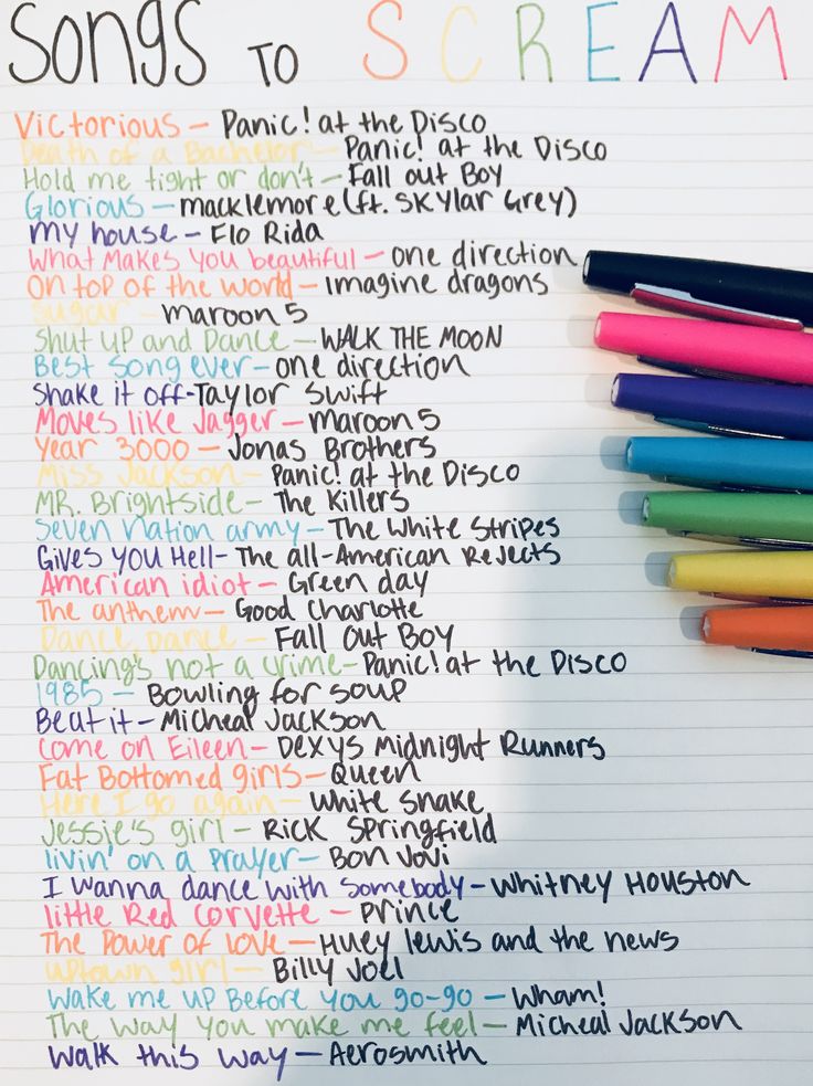 some writing on a piece of paper with colored pens next to it and the words songs to scream written in different languages