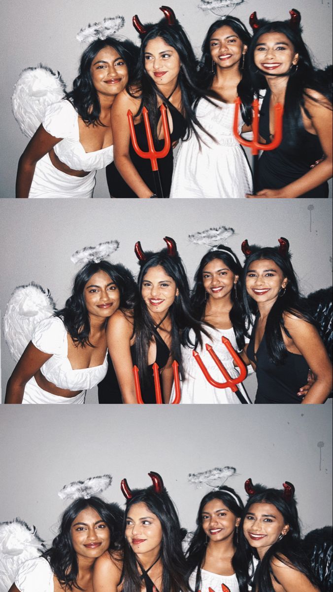 three pictures of women in costumes posing for the camera