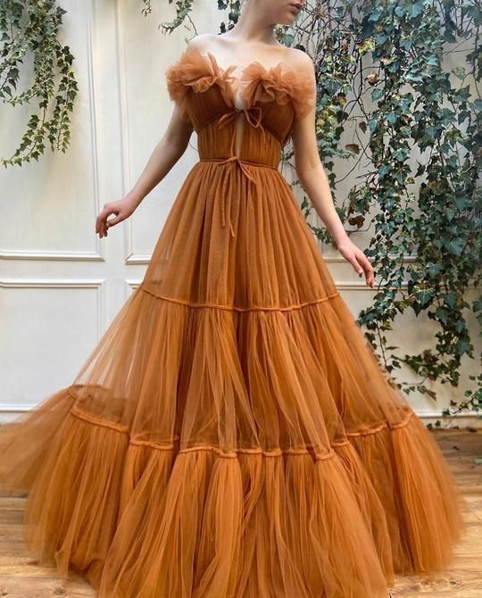 Charming Georgina Gown – Teuta Matoshi Elegant Orange Formal Gown, Orange Tulle Party Dress, Orange Tulle Dress For Party, Elegant Orange Gown For Formal Occasions, Elegant Orange Ruffled Dresses, Elegant Orange Gown With Fitted Bodice, Orange Maxi Dress For Wedding, Orange Maxi Length Wedding Dress, Orange Maxi Length Dress For Wedding