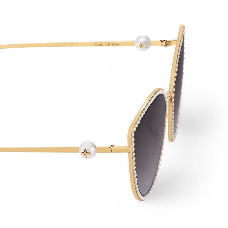 LOUIS VUITTON® - Lv Pearl Cat Eye Sunglasses - Gold Elegant Evening Sunglasses With Metal Frame, Luxury Sunglasses With Uv Protection, Elegant Sunglasses With Metal Frame And Glass, Luxury Evening Sunglasses With Metal Frame, Luxury Evening Sunglasses With Uv Protection, Luxury Evening Sunglasses With Mirrored Lenses, Luxury Mirrored Sunglasses For Evening, Elegant Party Sunglasses With Metal Frame, Elegant Gold Cat Eye Sunglasses For Evening