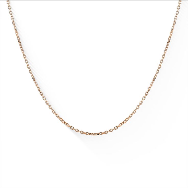 14K Rose Gold Diamond Cut Cable Chain. The chain measures approximately 17" in length and approximately 1.3mm in width. Delicate Rose Gold Cable Chain Necklace, Classic Rose Gold Necklace With Gold Chain, Minimalist Rose Gold Necklace With Cable Chain, Classic Rose Gold Necklace, Classic Rose Gold Chain Necklace With Delicate Chain, 14k Rose Gold Chain Necklace, Rose Gold Oval Link Necklace With Gold Chain, Rose Gold Chain Necklace With Oval Links, 14k Rose Gold Necklaces With Chain