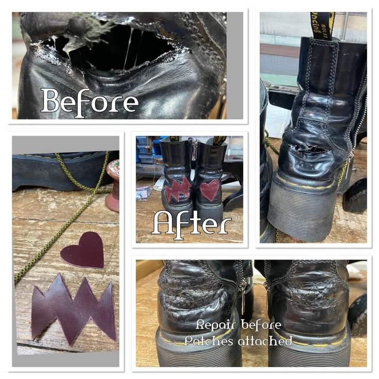 Old worn down pair of black Doc Martens being repaired with patches of dark red leather, shaped like a heart and a lightning bolt. Doc Martens Punk Outfit, Punk Boots Diy, Doc Martens Punk, Punk Tactics, Sustainable Crafts, Boots Diy, Dr Martens Outfit, Crust Punk, Creative Sewing