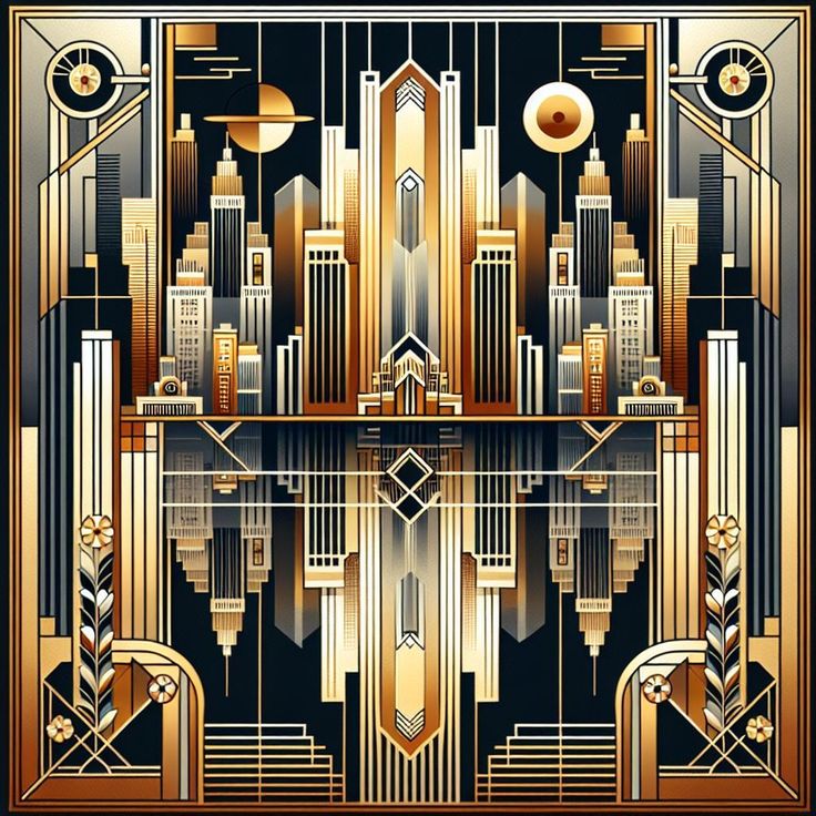 an art deco style poster with gold and black architecture in the center, on a dark background