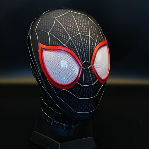 a close up of a spider man mask on a stand