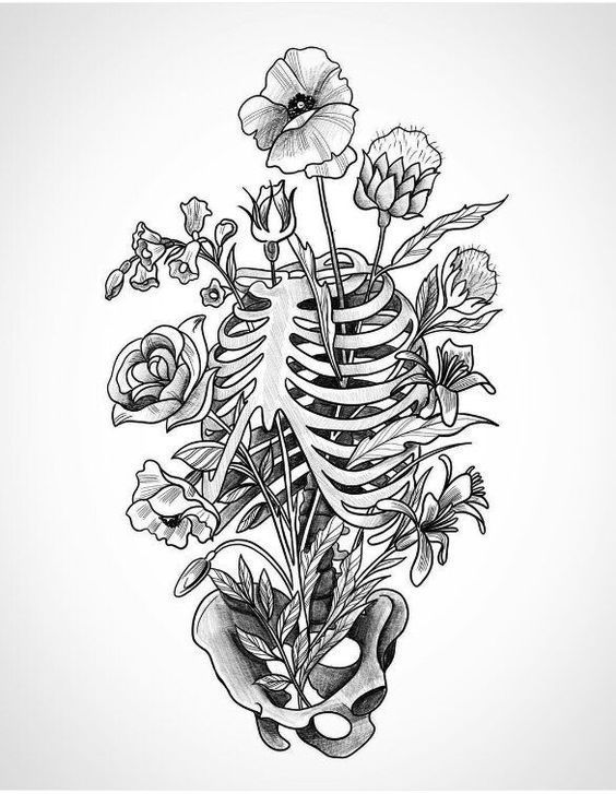 a black and white drawing of flowers in a rib - knit vase with bones on it