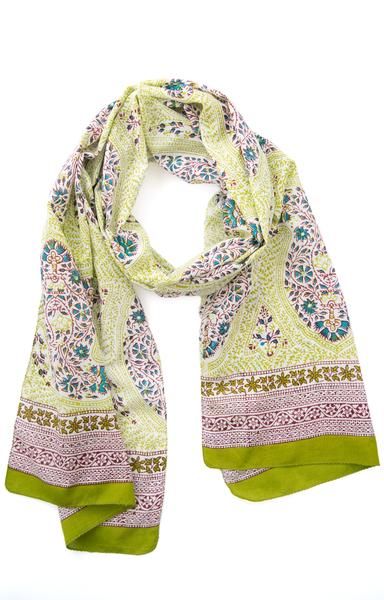 100% hand-block printed cotton by Anokhi Green Bohemian Batik Print Dupatta, Traditional Hand Printed Cotton Scarves, Bohemian Cotton Dupatta With Hand Print, Bohemian Cotton Dupatta Hand Printed, Traditional Green Cotton Scarves, Patterned Cotton Bohemian Scarves, Bohemian Cotton Scarf With Pattern, Green Bohemian Scarves With Paisley Print, Bohemian Cotton Dupatta With Border