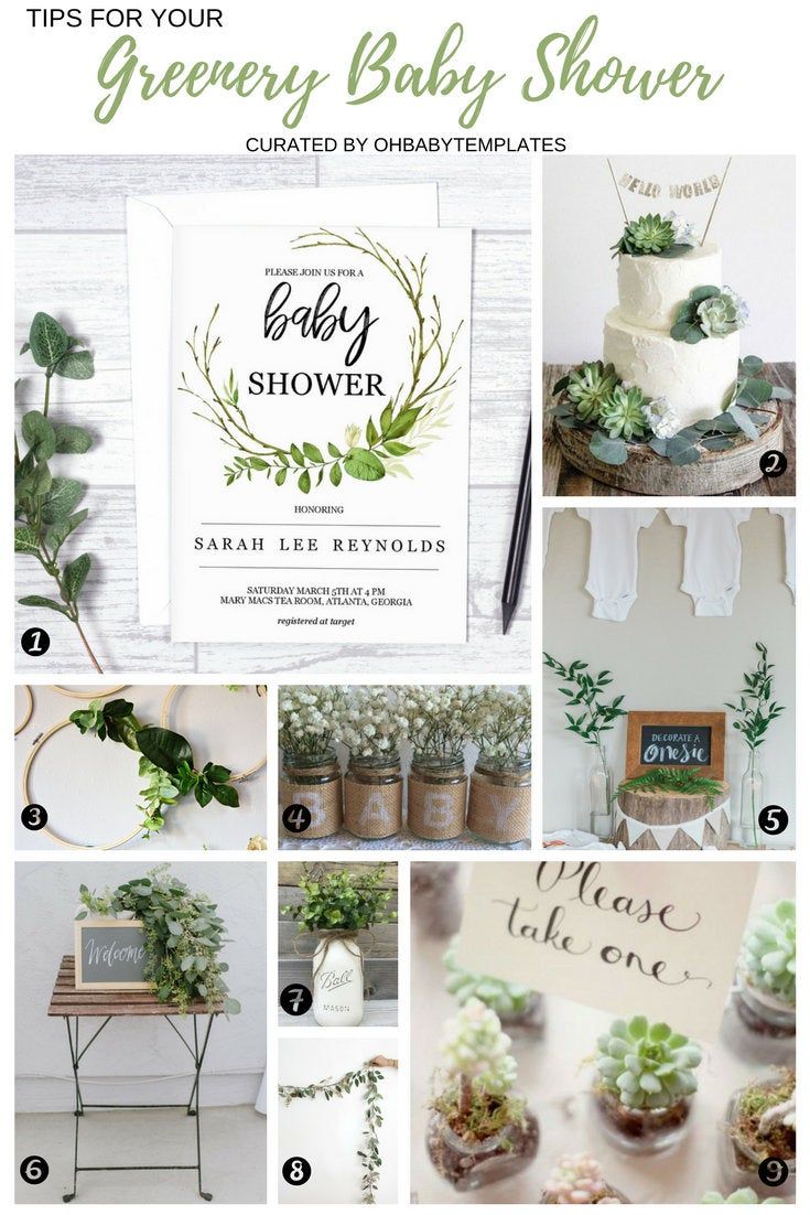 a collage of baby shower pictures with plants and greenery on them, including a sign that reads tips for your greenery baby shower