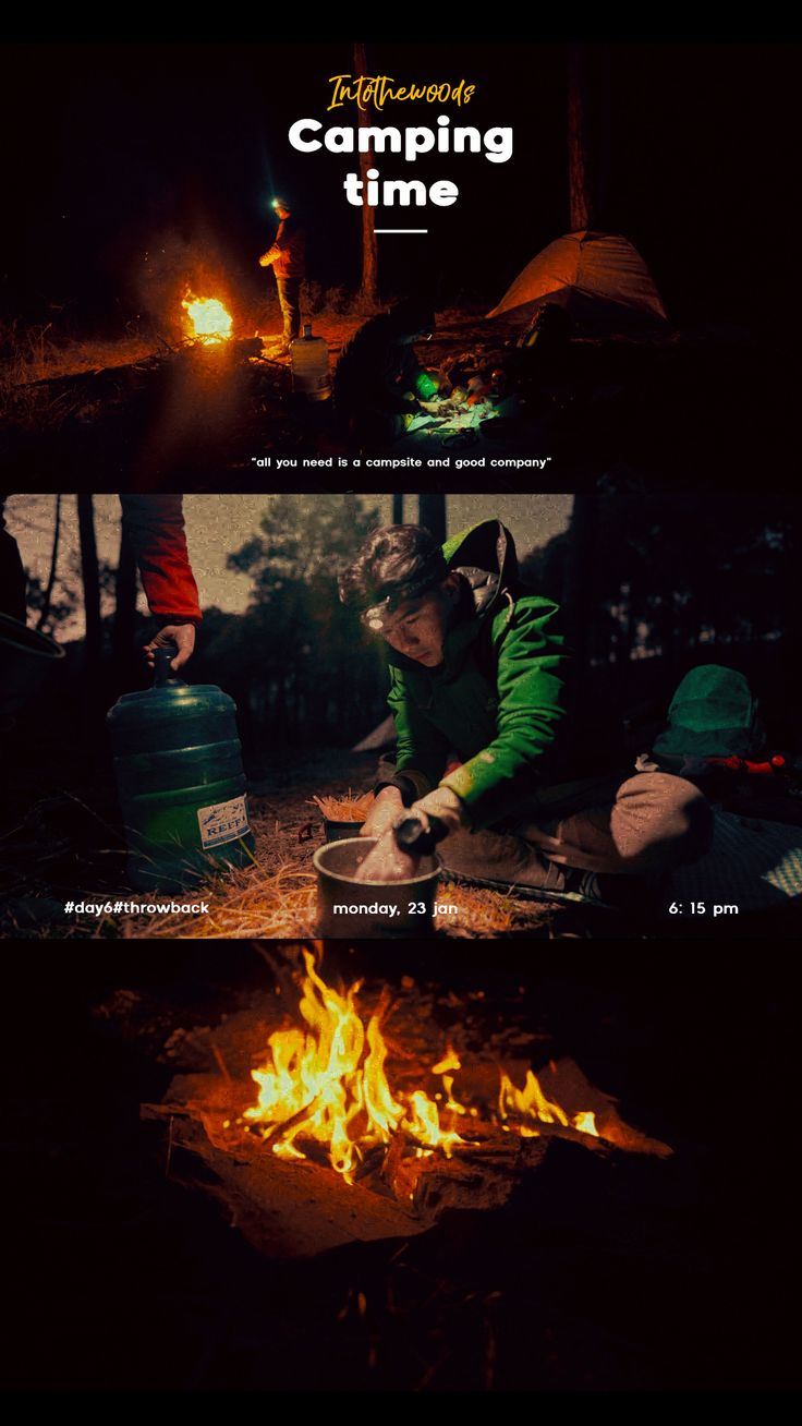 some people are sitting around a campfire at night and one person is cooking something