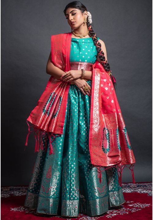 Rama Green Woven Banarasi Silk Lehenga Choli Green Color Lehenga, Zari Lehenga, Green Lehenga Choli, Bridal Lehenga Online, Green Lehenga, Blue Lehenga, Red Lehenga, Lehenga Blouse, Ghagra Choli