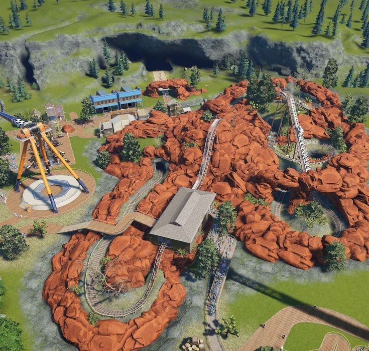 an artist's rendering of a roller coaster at the theme park, with trees and rocks surrounding it